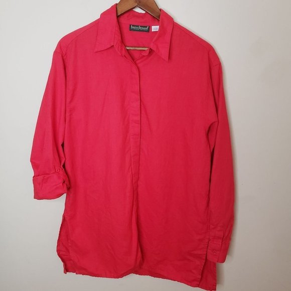 Harve Benard Other - Harve Benard Solid Red Linen Cotton Button Down Shirt Roll Tab Sleeve Size Large